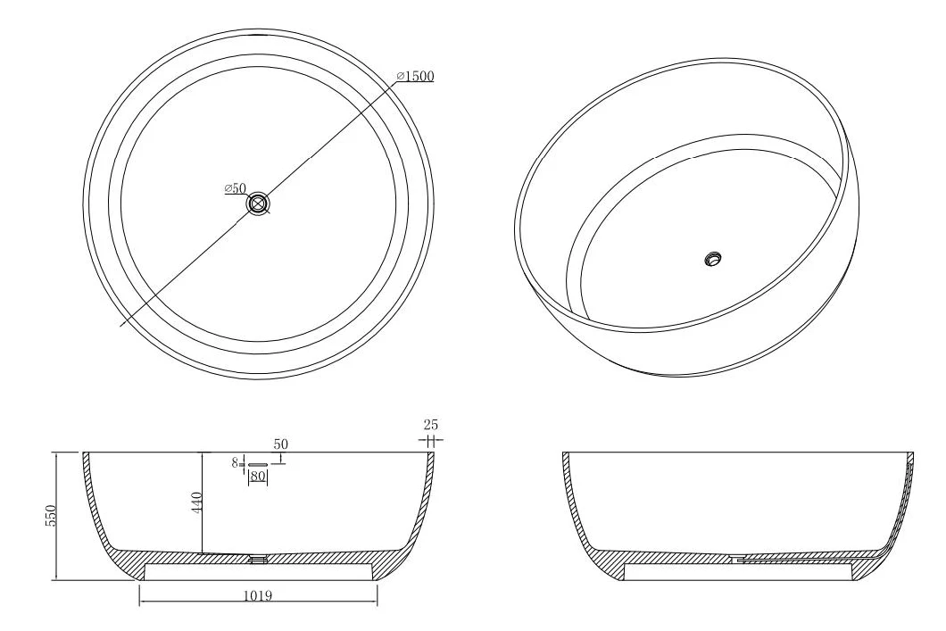 Bathroom Tub Solid Surface Bathtub Freestanding Bath Customized Black and White